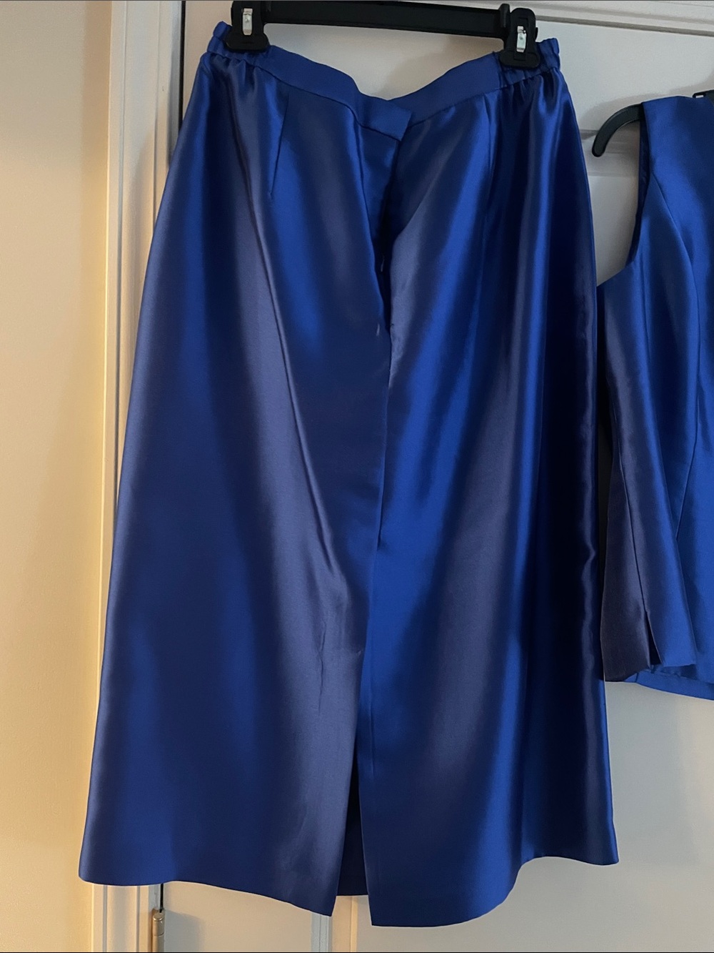 Women's Royal Blue Satin Coat with Belt and top and full length skirt. - Picture 4 of 6